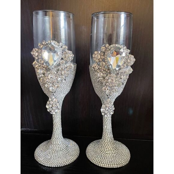 Other - Crystal clear Rhinestones Wedding Flutes set , Swarovski Crystals, custom made